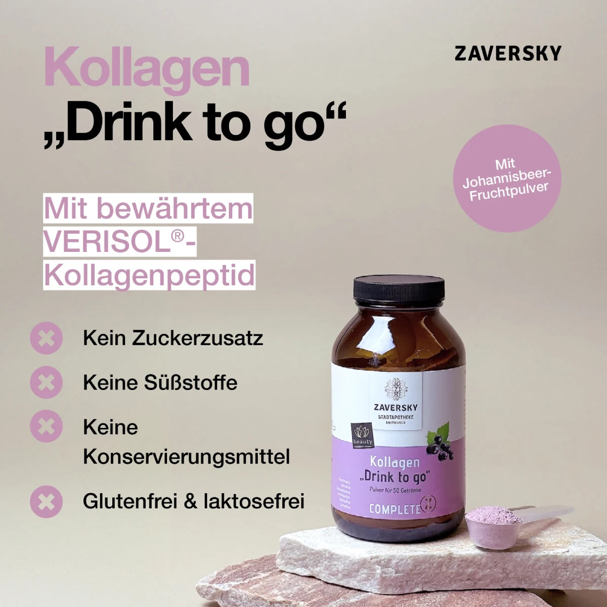 Kollagen "Drink to Go" mit Johannisbeerfruchtpulver - Gratis Produkt (ab €400) bei Apotheke Zaversky